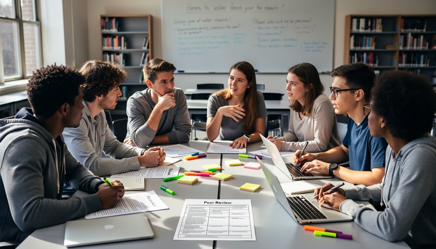 High school students engaged in peer review discussion in a classroom setting