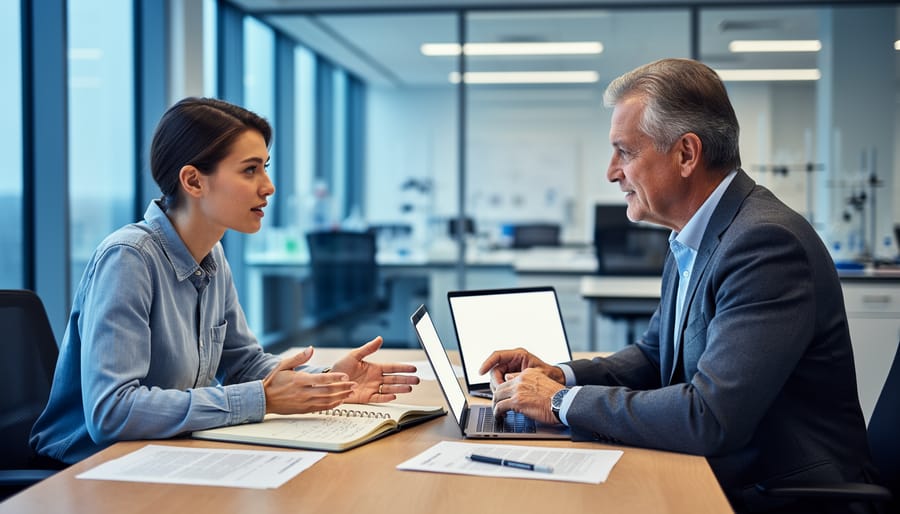 Doctoral student in business-casual collaborating with an industry mentor at a conference table, laptops open, soft natural light, and a blurred glass-walled lab/office environment in the background.