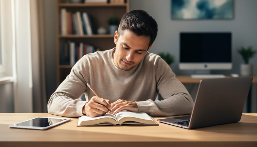 Adult student reading an open hardcover book at a wooden desk, pencil in hand, with a closed laptop and tablet softly blurred in the background under warm natural side light; bookshelf and dim monitor visible; no legible text.