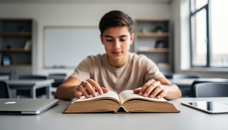Student turning a page of a hardcover book at a desk with a closed laptop and tablet nearby, soft natural light, blurred classroom shelves and digital whiteboard in the background.