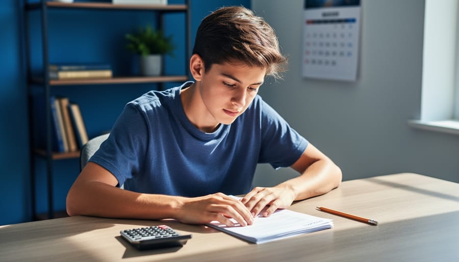 High school student at a wooden desk reviewing PreACT materials with a calculator and pencil, papers and notebook in front, background bookshelf and window softly blurred.