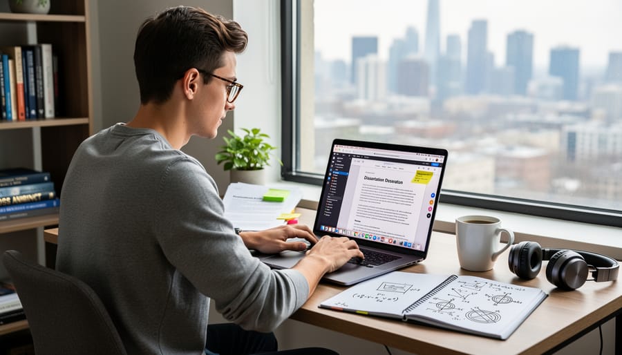 PhD student working remotely on internship project from home office setup