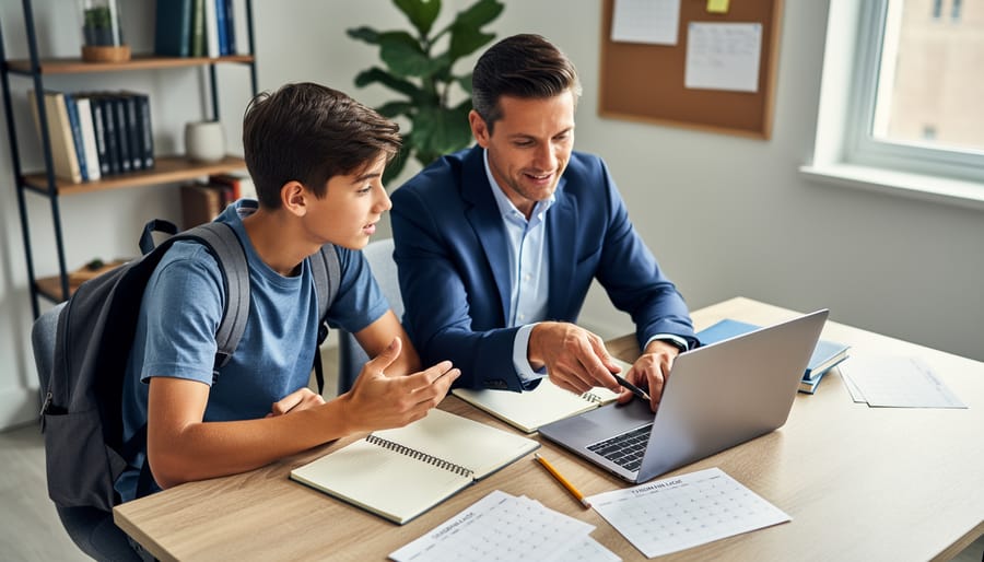 Admissions consultant and high school student collaborating at a desk with a laptop and notebooks, planning SAT preparation and college application strategy in soft natural light, with a blurred bookshelf and plant in the background.