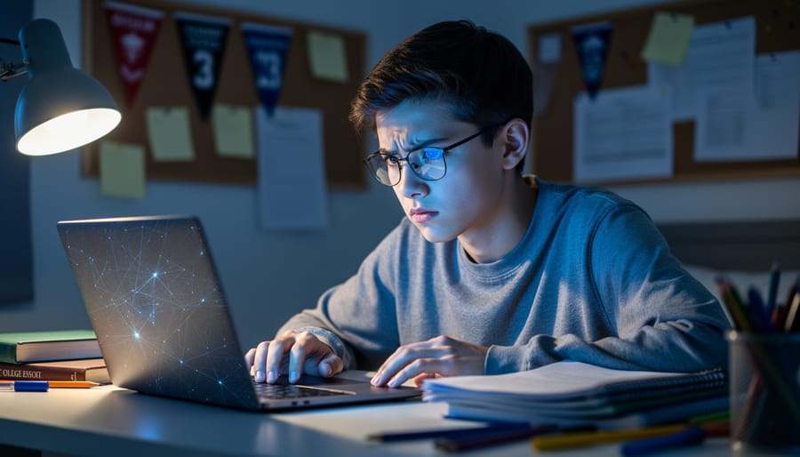 Worried high school student at a desk using a laptop at night, blue screen light on their face and subtle abstract network reflections on glasses, with a warm desk lamp and a blurred corkboard with generic pennants in the background.