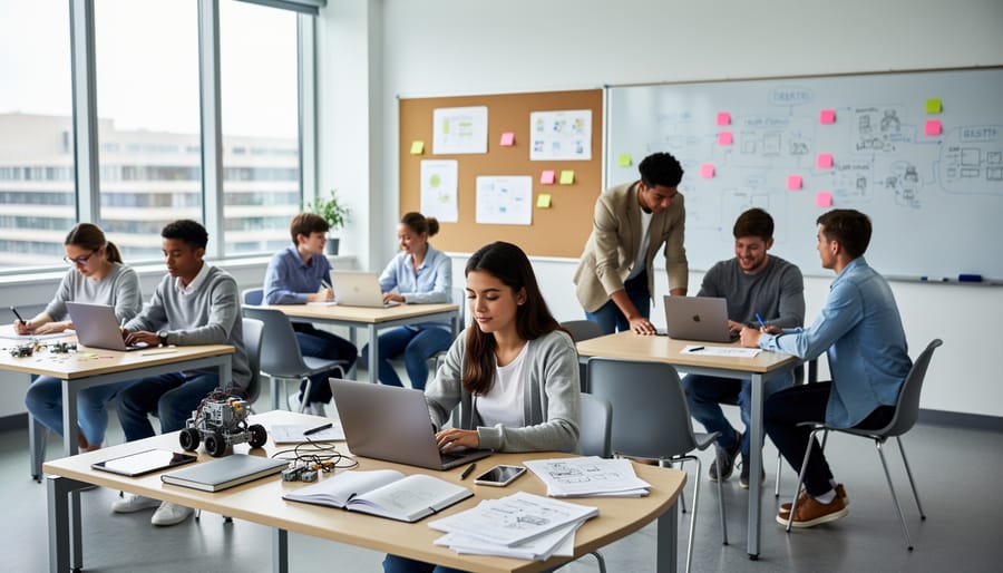 Student working independently on hands-on learning project at table in alternative school setting