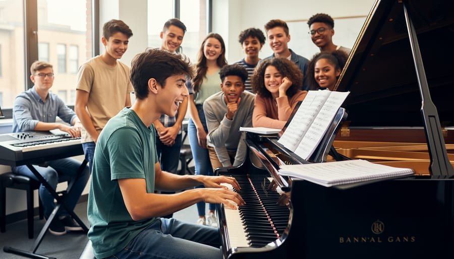 Engaged student smiling while playing piano in educational setting