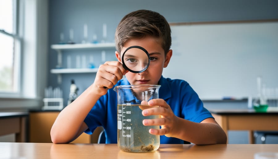 Focused middle school student holds a beaker of clear water and a small magnifier in a bright science classroom, soft window light, blurred lab shelves and a blank whiteboard in the background, no visible text or labels.
