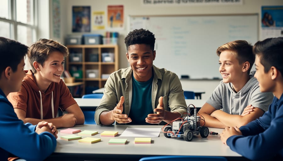High school student leading a small peer mentoring group at a classroom table with blank sticky notes and a robotics kit, gesturing confidently as supportive classmates listen; warm natural light, blurred unlabeled whiteboard in the background.