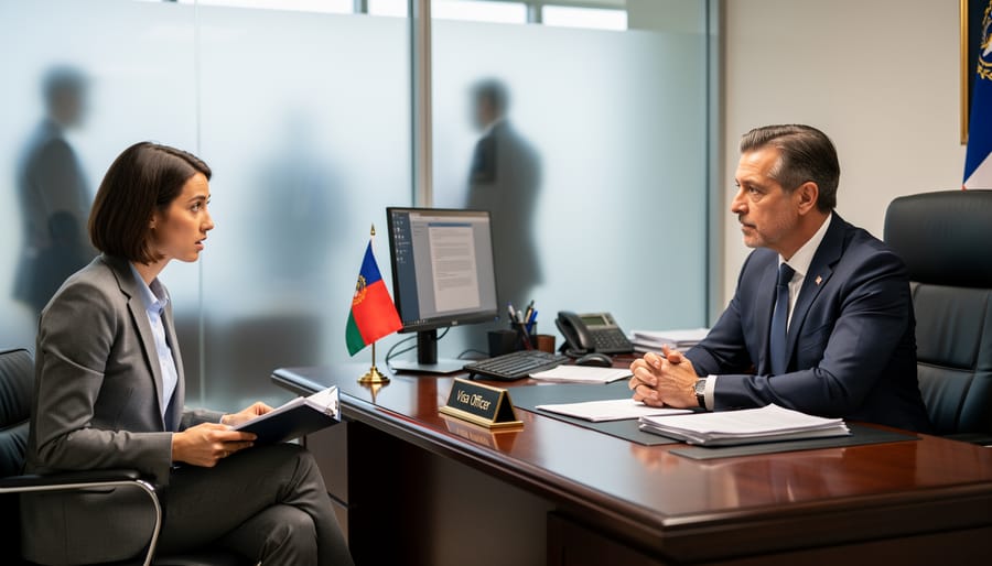 International student sitting confidently during F-1 visa interview at U.S. embassy