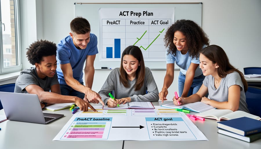 High school students studying together at library table with textbooks