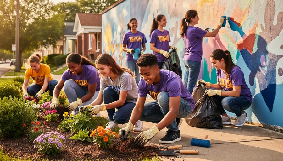 Two middle school students working together planting seedlings in community garden