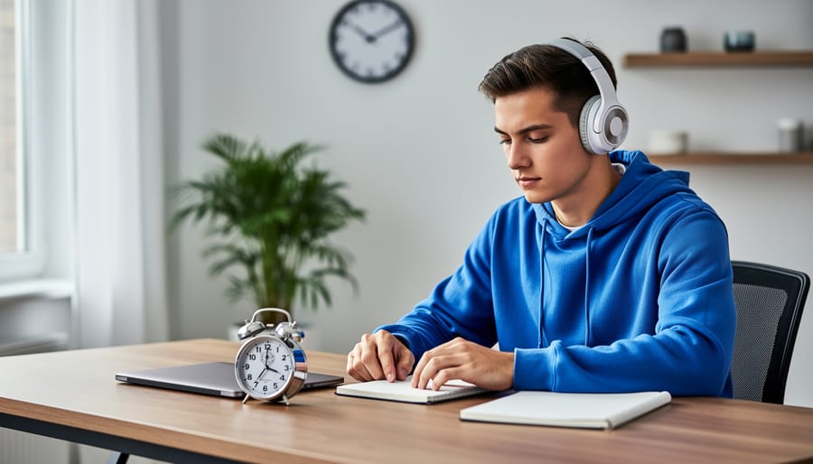 College student at a tidy desk setting an analog timer beside a closed laptop and blank notebook, wearing headphones with soft side daylight, blurred plant, wall clock, and shelves in the background.