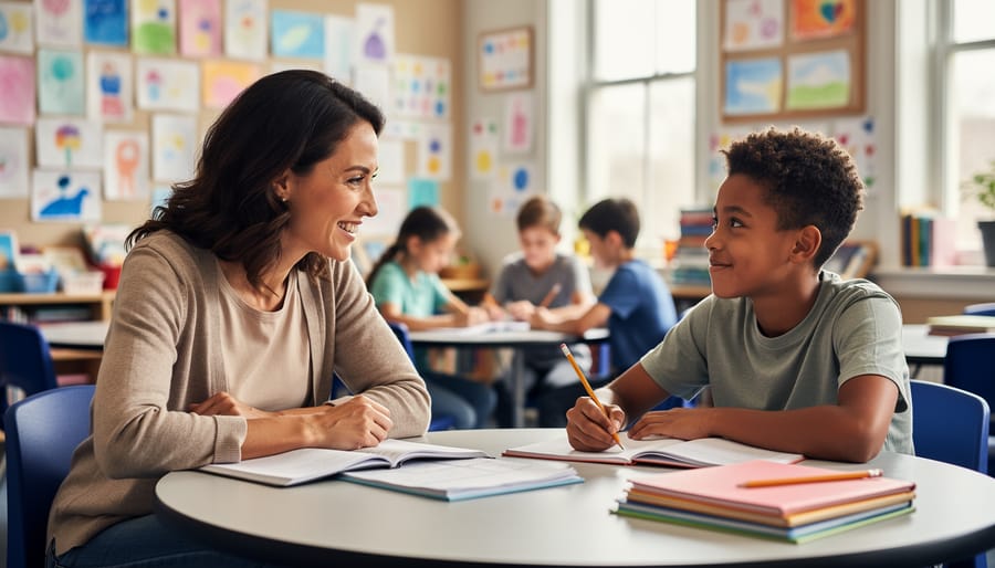Teacher and student in meaningful one-on-one conversation at table showing relationship-based approach