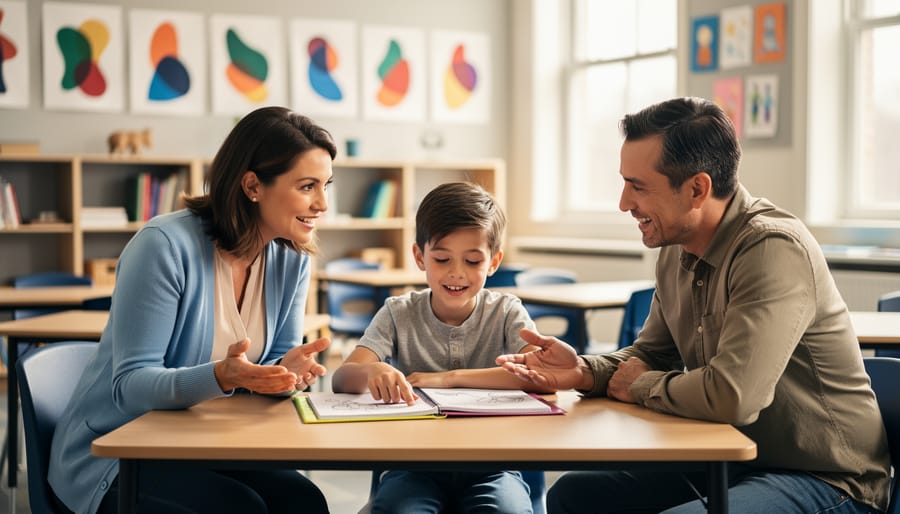 Teacher, parent, and elementary student seated at a classroom table while the student presents a portfolio, with adults listening attentively in soft natural light and a blurred classroom background