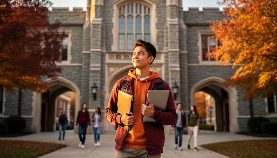 Prospective student holding a laptop and folder on a campus walkway with Hokie-stone style building and autumn trees in the background at golden hour.