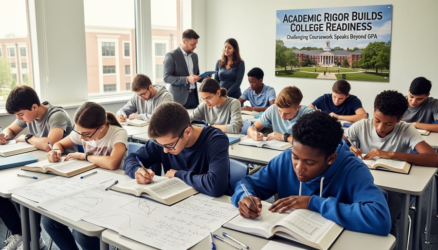 High school students collaborating together while researching college admissions requirements