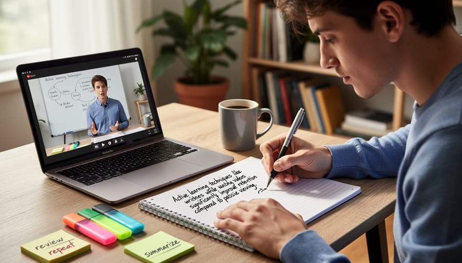 Person taking notes in French while watching learning video on smartphone
