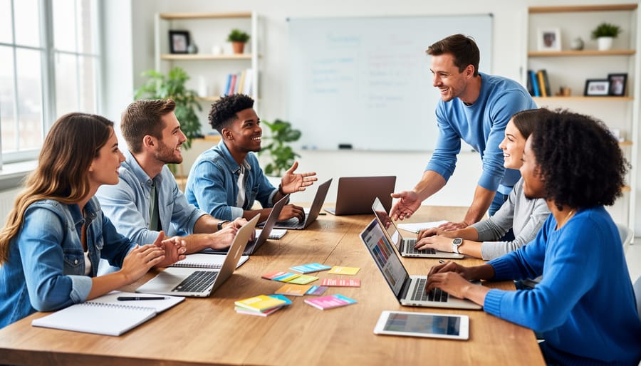 Students and a teacher collaborate around a wooden table with laptops, tablets, notebooks, and flashcards without visible text in a sunlit classroom, shallow focus highlighting engaged faces and hands, with blurred shelves and a whiteboard in the background.