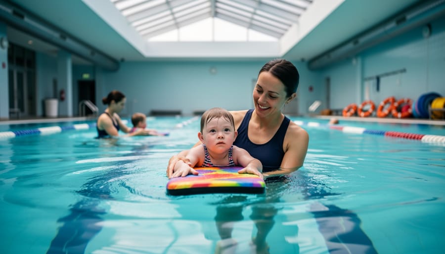 Instructor supporting a young child with Down syndrome holding a kickboard in a quiet indoor pool, with another instructor-child pair softly blurred in the background and colorful floatation aids nearby.