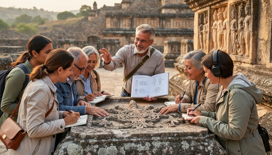 Group of adult learners examining historic architecture with guide in European setting