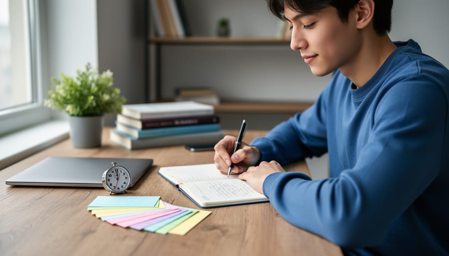 Focused student at a tidy wooden desk writing on index cards beside an analog timer, with stacked textbooks and a plant softly blurred in the background under natural window light