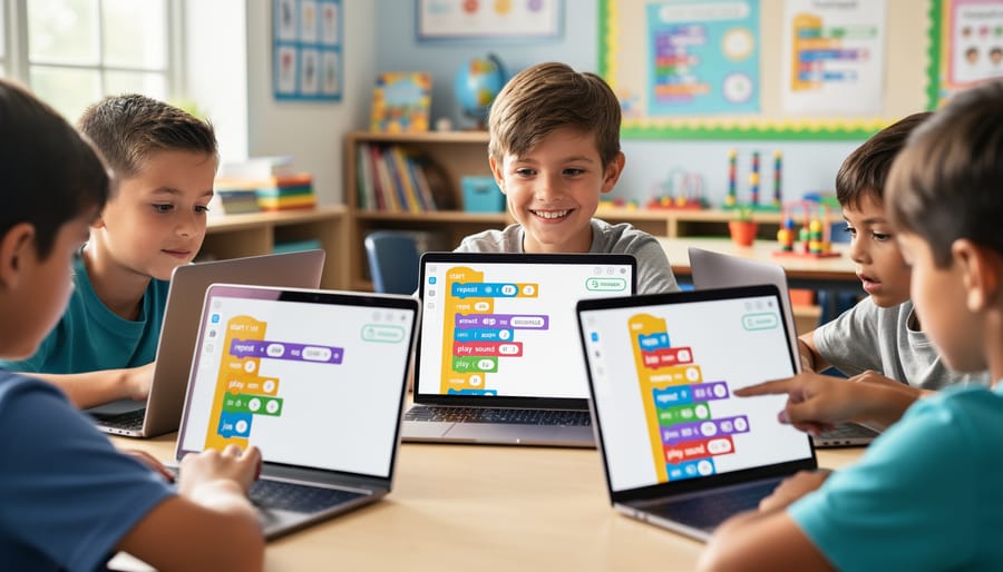 Child's hands interacting with colorful block-based coding interface on tablet