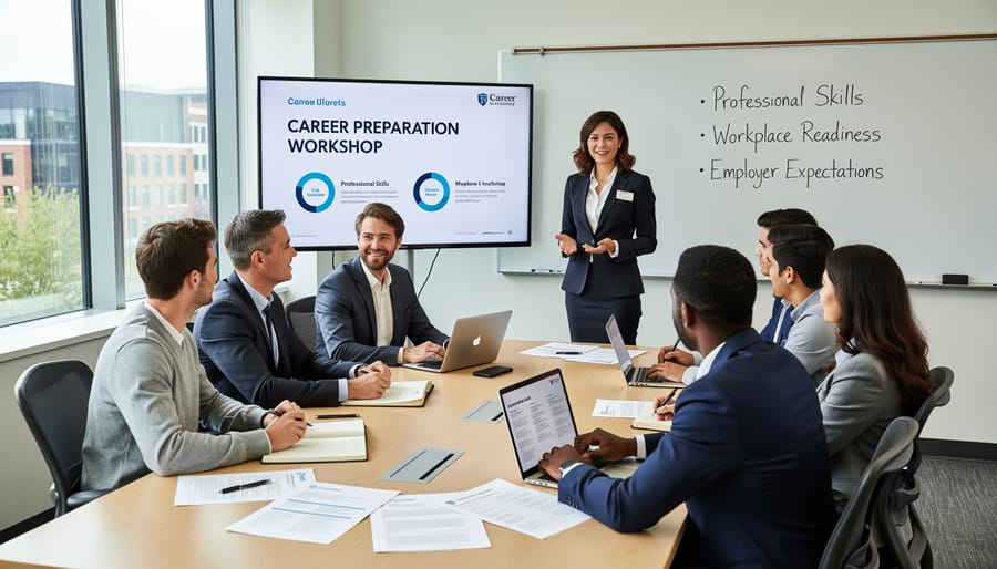 College students participating in career development workshop in professional setting