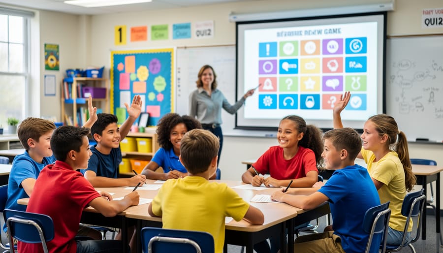 Teacher facilitates a team-based classroom review game with diverse middle school students, handheld buzzers on tables, and a colorful text-free game board projected at the front.