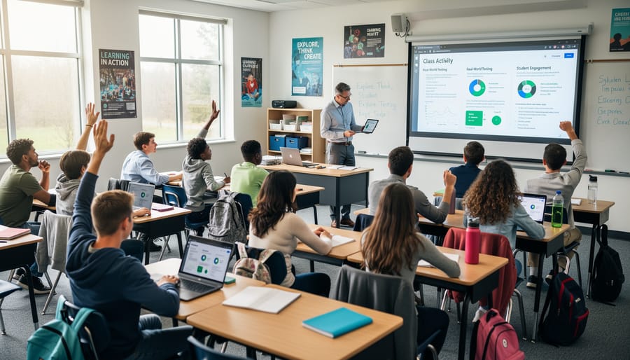 Teacher providing individualized instruction to student working on laptop in classroom