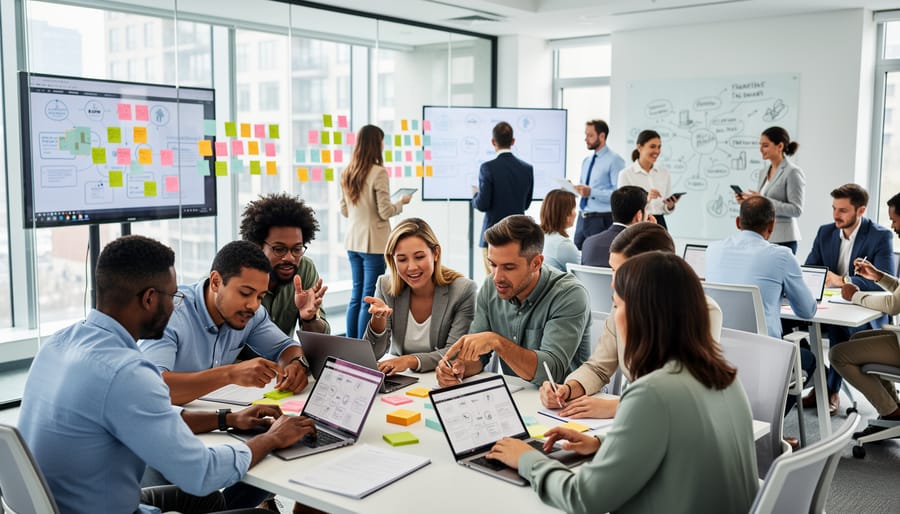 Students collaborating around interactive digital learning technology in modern classroom