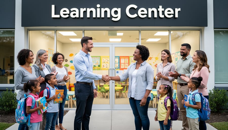 Franchise owner greeting parent and student in educational center