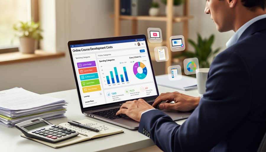 Hands counting money with calculator and budget notebook on desk