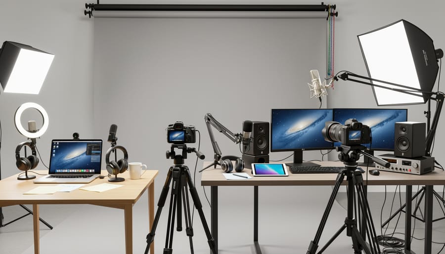 Home office workspace with laptop, video equipment, and course creation tools