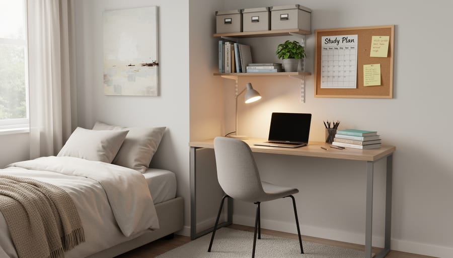 Organized home learning corner in bedroom with desk, bookshelf, and study materials
