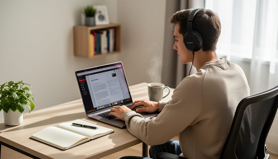 Clean organized home desk setup with laptop, notebook, and coffee mug for online learning