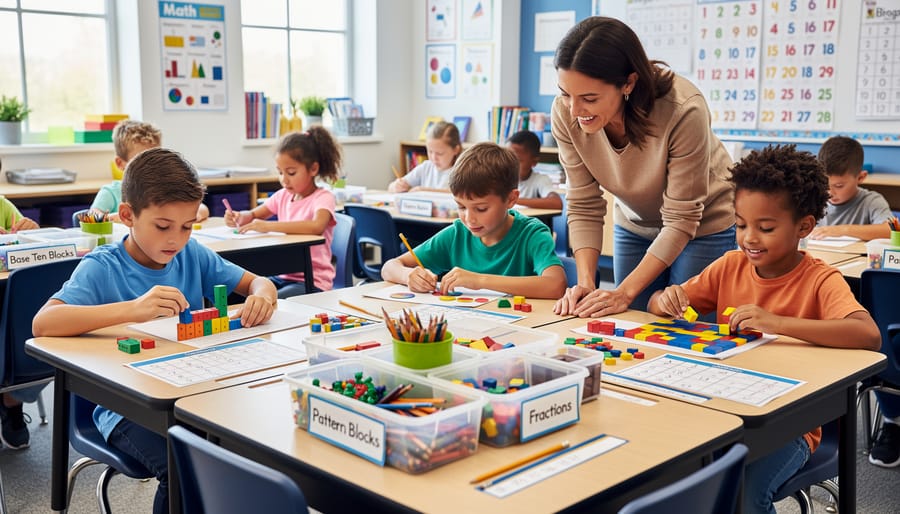 Three elementary students working simultaneously with different types of math manipulatives at classroom table