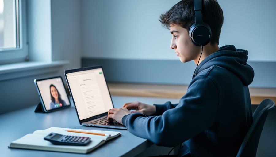 Focused student wearing headphones studying on a laptop in soft daylight, with notebook and calculator on the desk and a blurred tablet video call window, representing online SAT preparation.