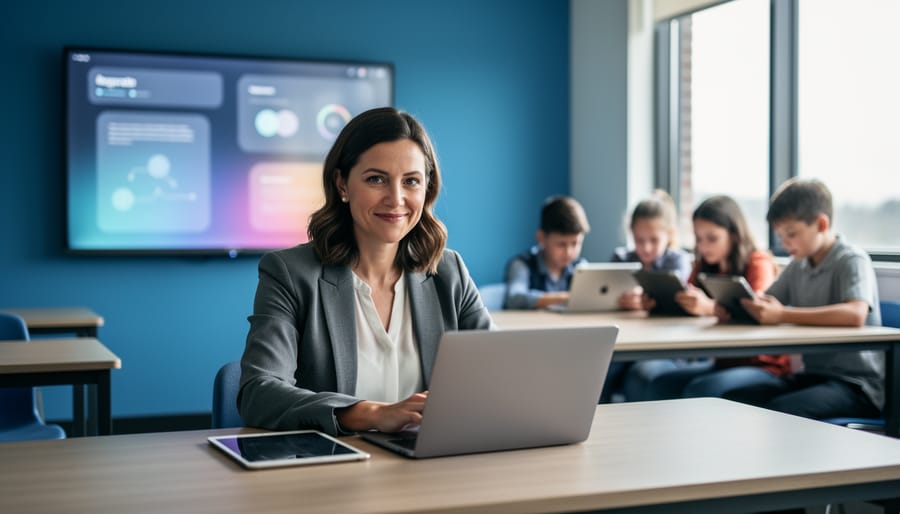 Teacher at a classroom desk using a laptop and tablet with an interactive display behind, while students in the background use tablets and laptops; soft natural daylight and a modern classroom setting, with screens showing abstract glow and no readable text or charts.