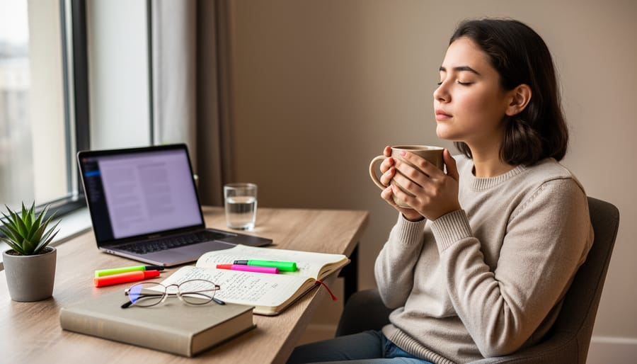 Student taking a mindful stretching break at desk during online learning session