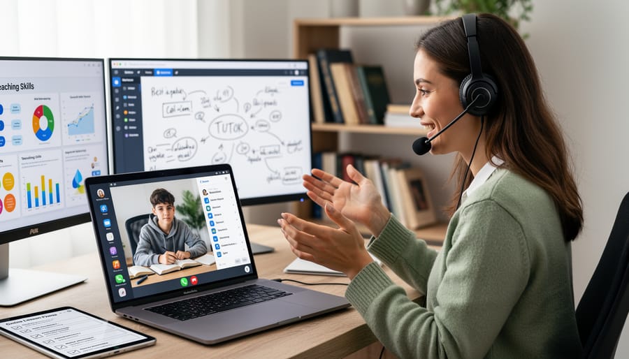Professional tutor conducting online tutoring session from home office with laptop