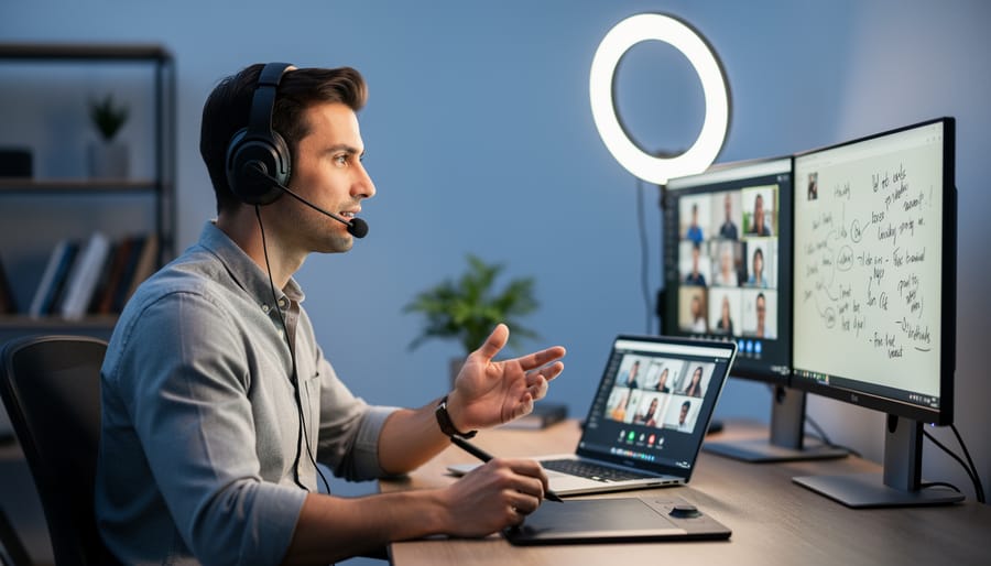 Online tutor wearing a headset at a tidy desk uses a laptop and pen tablet, with a second monitor showing blurred video tiles and a virtual whiteboard under soft ring light; bookshelf and plant softly blurred in the background.