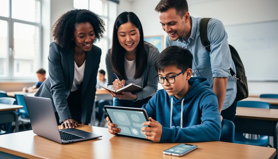 Cross-functional EdTech team—teacher, UX researcher, and engineer—observes a middle-school student using a tablet next to a laptop and smartphone at a classroom table, with soft daylight and a blurred whiteboard and students in the background.