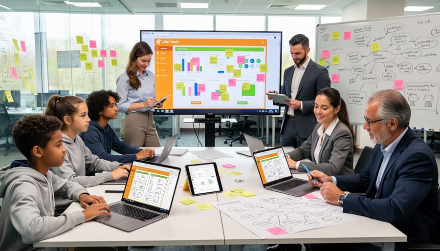 Overhead view of teacher and students' hands gathered around educational tablet device