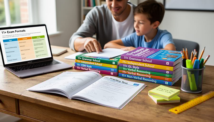 Collection of 11+ exam practice papers and pencils arranged on desk