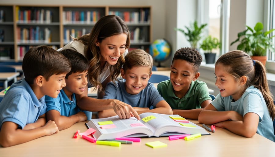 Teacher and diverse upper-elementary students gathered at a classroom table, actively discussing and pointing to an open book with colored tabs and highlighters, with soft daylight and blurred bookshelves and globe in the background.