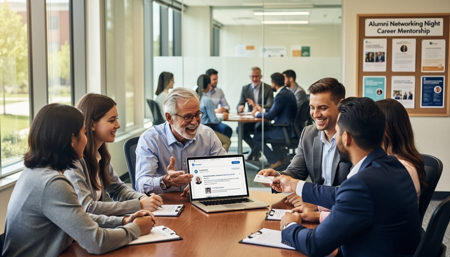 Professor mentoring college students in campus office setting