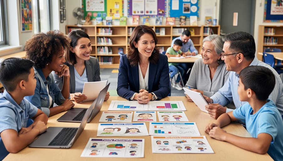 Teacher and parent meeting together with student to review learning progress