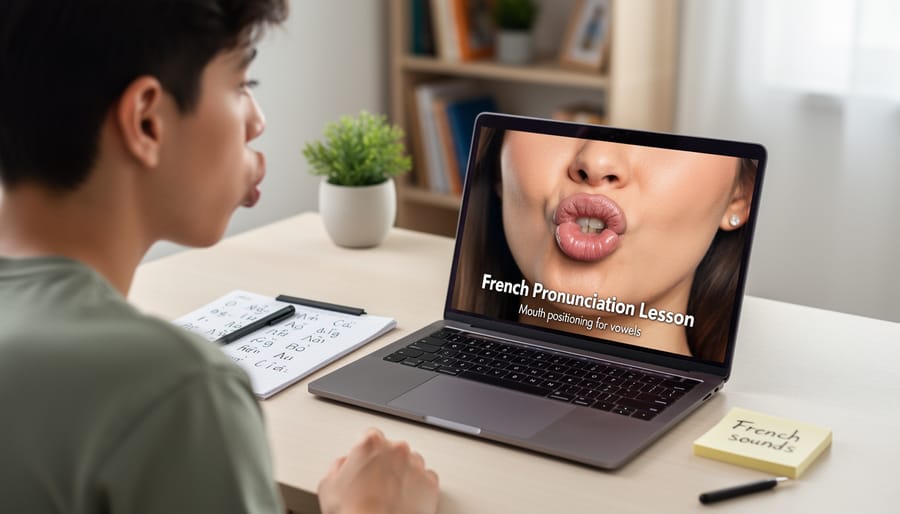 Person demonstrating French pronunciation with clear view of mouth position