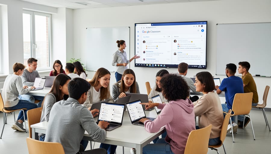 Students collaborating on laptop in classroom setting using educational technology