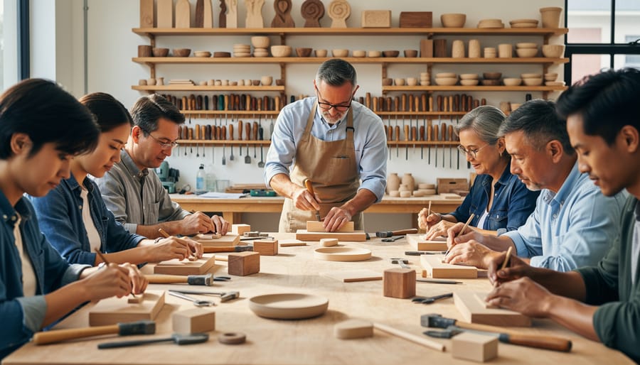 Adult learners working with clay on pottery wheel during hands-on workshop